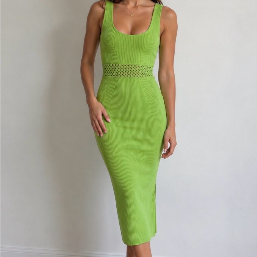 House of Harlow 1960 Bright Lime Green Ribbed Cutout Midi Dress